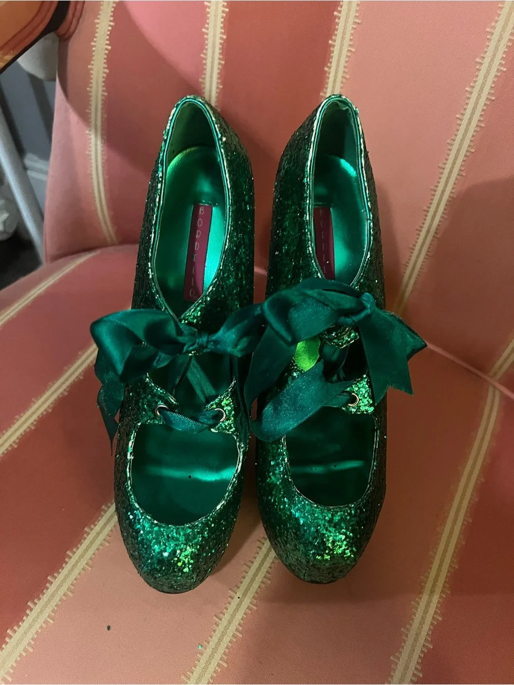 Bordello Green Glitter Heels Sz 7 Burlesque Showgirl Christmas St. Patrick’s Day
